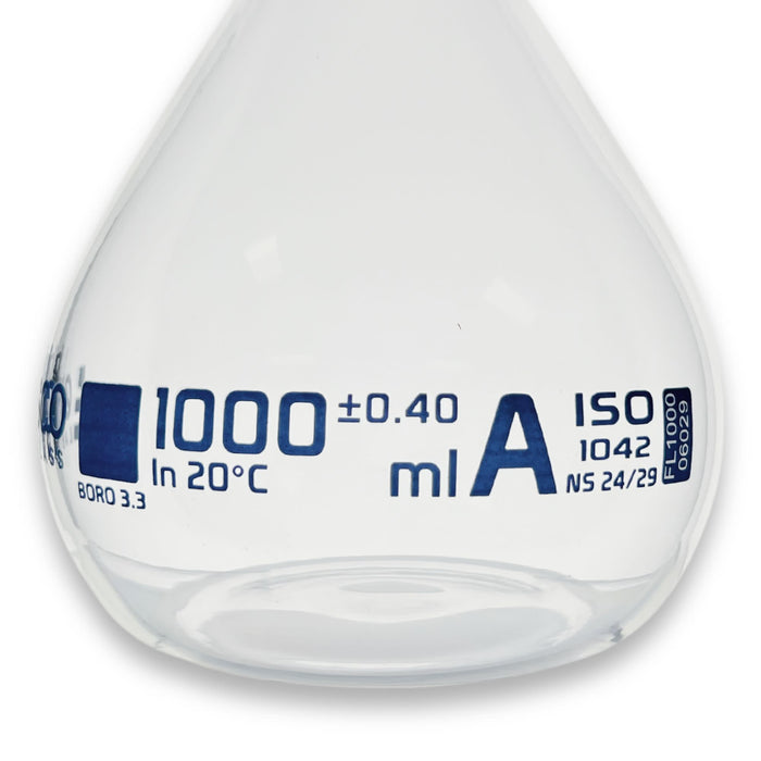 Eisco Labs - 1000mL Class A Volumetric Flask, 24/29 Socket, Hexagonal Hollow Stopper, Borosilicate Glass, ISO 1042 Certified, Blue Printing - Laboratory Flask for Accurate Solution Preparation, Chemical Analysis, and Titration