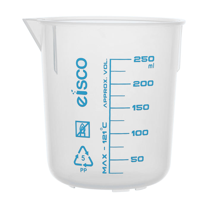 Premium 250mL Beaker - Polypropylene Plastic, Blue Screen Printed, 25mL Graduations - Eisco Labs