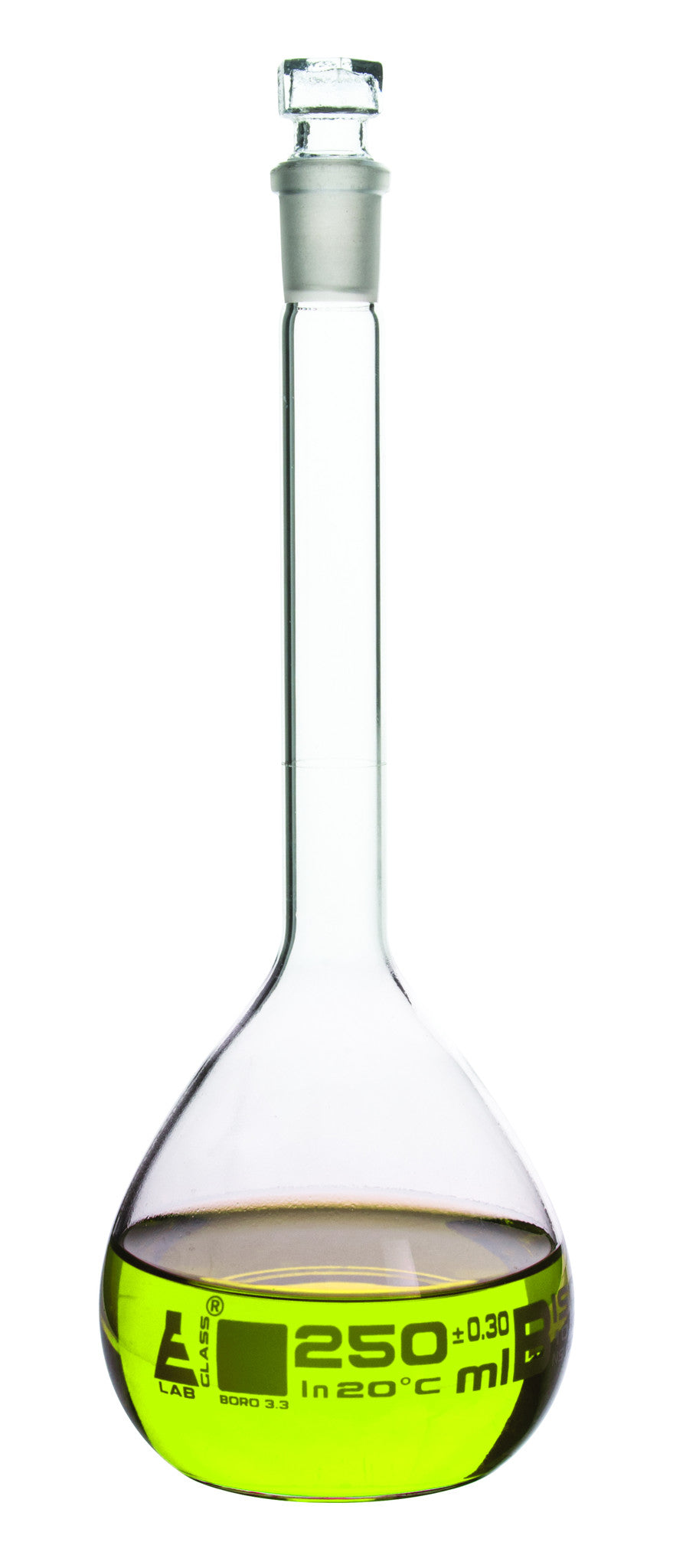 Volumetric Flask 250ml Class B Hexagonal Hollow Glass Stopper — Eisco Labs 9096