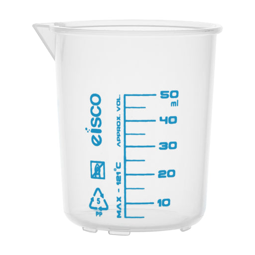 50ml Beaker, Low Form, Polypropylene Plastic, Blue Screen Printed, 5ml Graduations