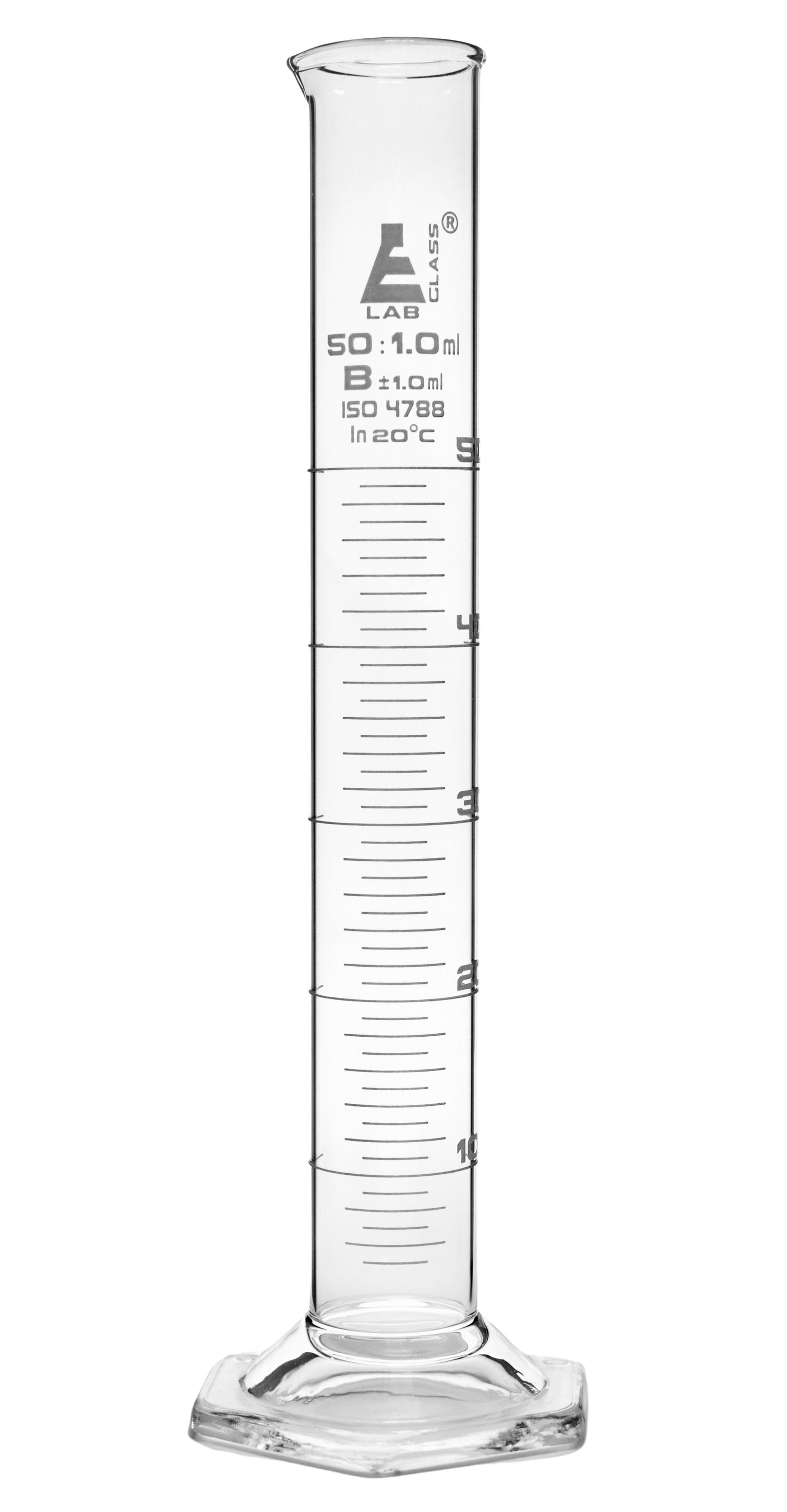 Graduated Cylinder 50ml Class B White Graduations Hexagonal Base — Eisco Labs 4416