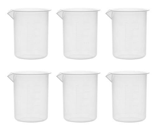 6PK Plastic Beakers, 250ml - Polypropylene - Raised Graduations