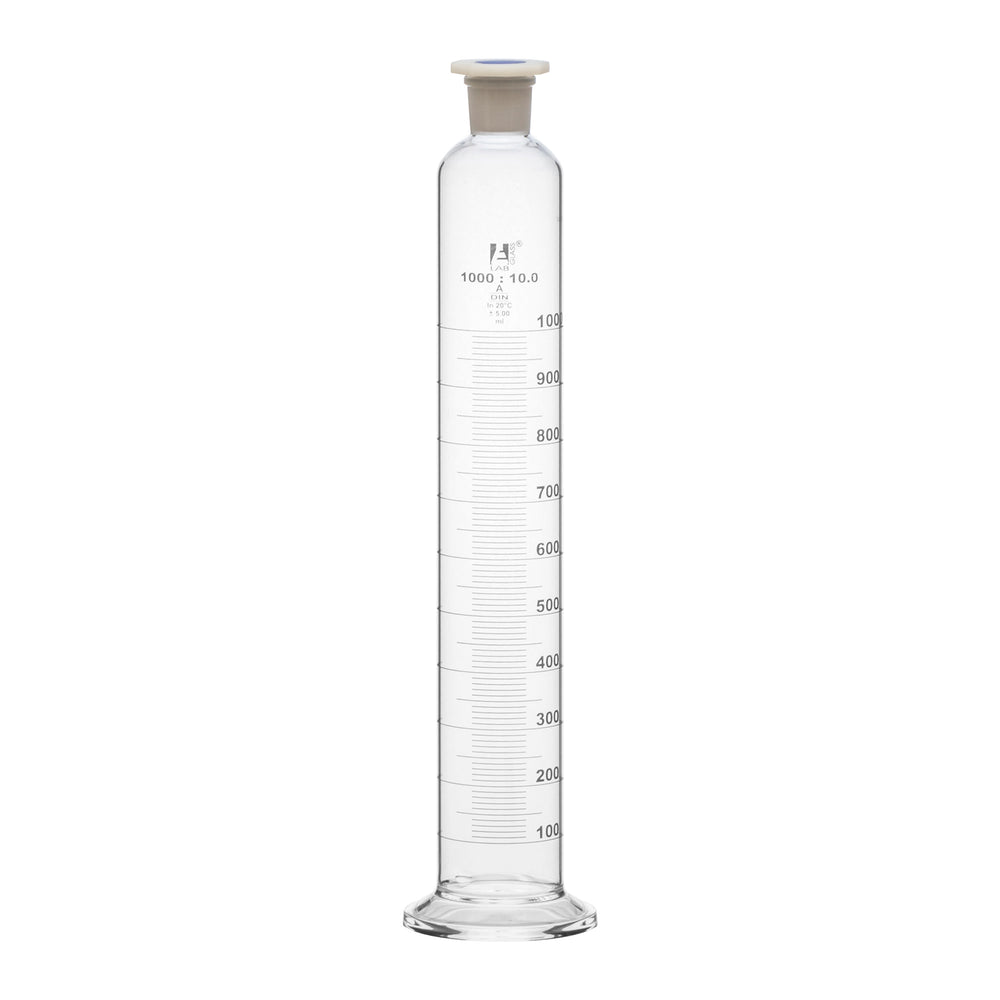 Measuring Cylinder, 1000ml - Class A - 29/32 Polypropylene Stopper - Round Base, White Graduations - Borosilicate Glass - Eisco Labs