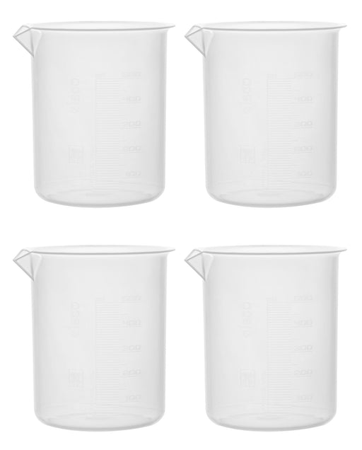 4PK Plastic Beakers, 500ml - Polypropylene - Raised Graduations