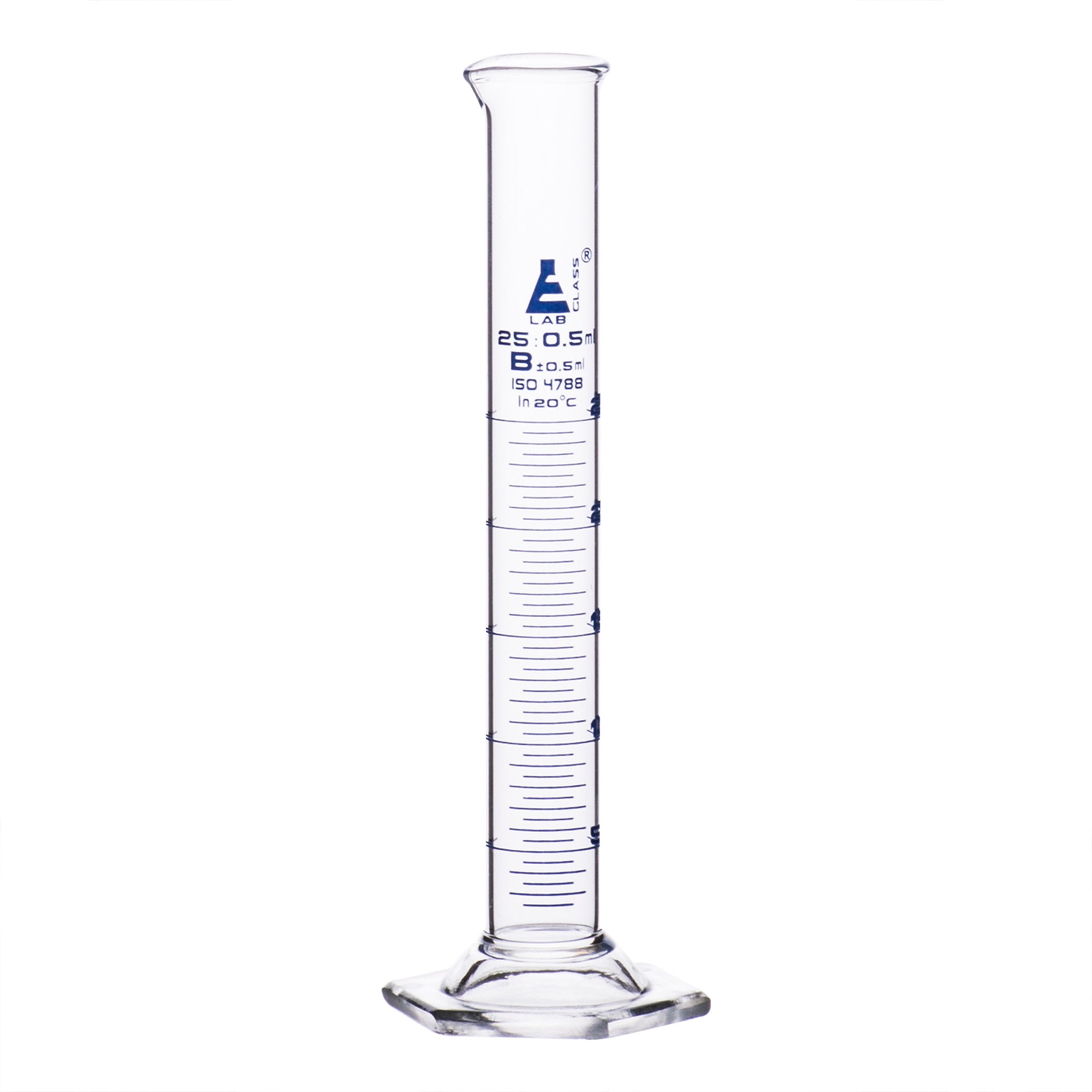 Graduated Cylinder, 25ml - Class B - Blue Graduations, Hexagonal Base 