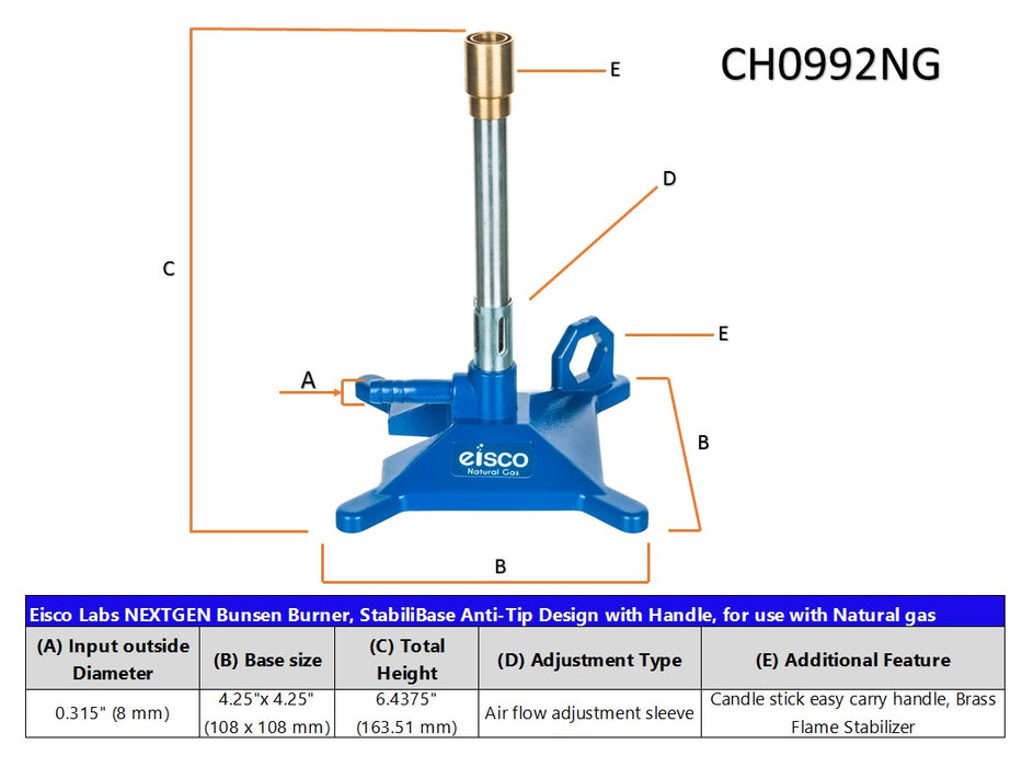 Natural Gas Bunsen Burner, StabiliBase Anti-Tip Design with Handle, with Flame Stabilizer, NG - Eisco Labs