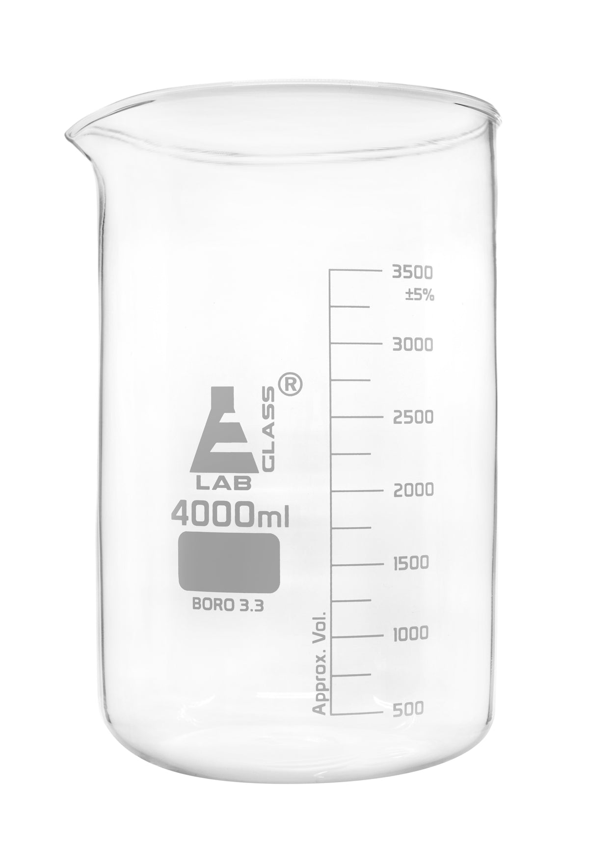 Beaker, 4000mL – Low Form – Graduated – Borosilicate Glass