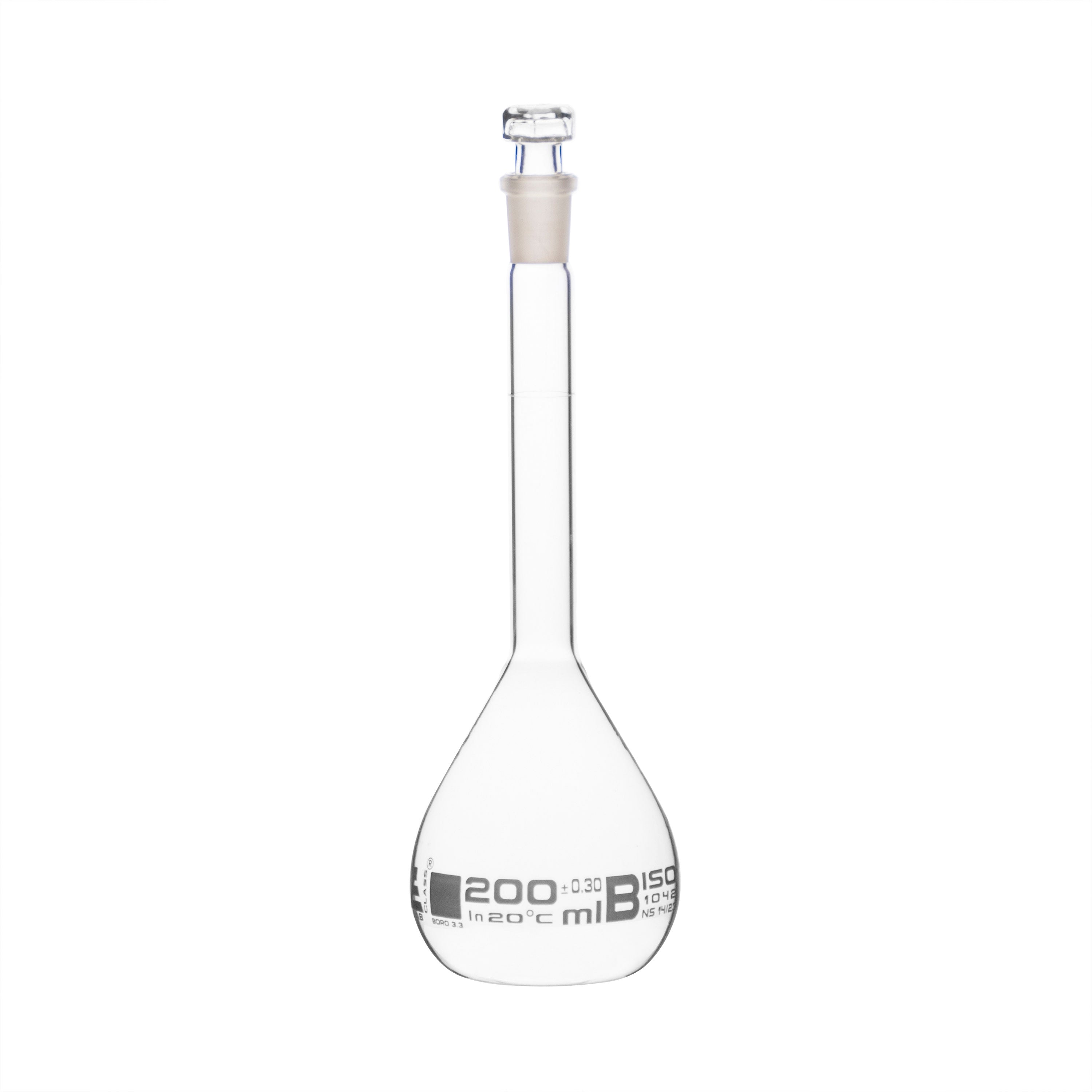 Volumetric Flask 200ml Class B Hexagonal Hollow Glass Stopper — Eisco Labs 6189