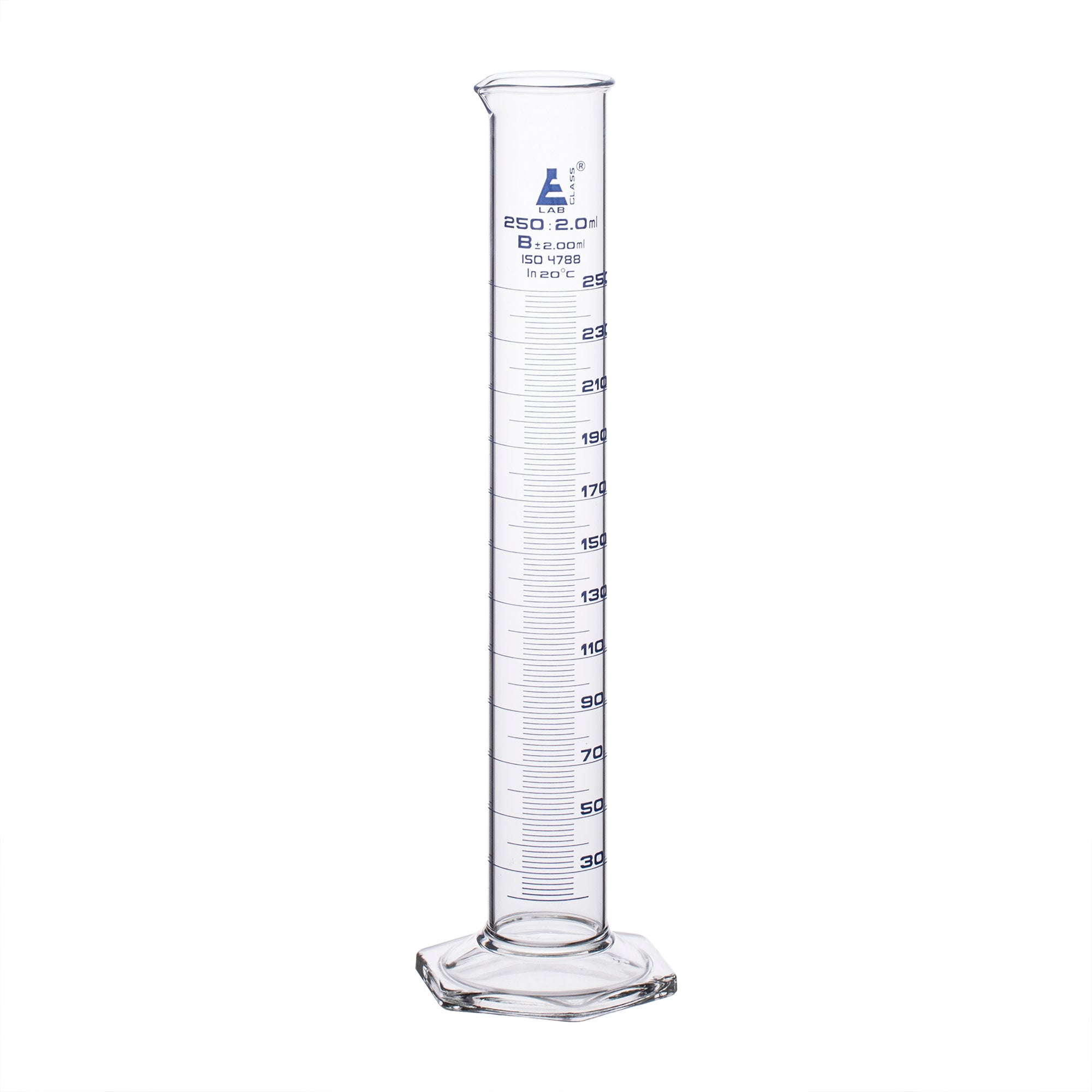 Graduated Cylinder, 250ml - Class B - Blue Graduations, Hexagonal Base ...