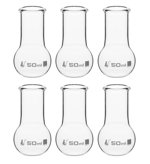 6PK Boiling Flasks, 50ml - Borosilicate Glass - Flat Bottom, Wide Neck - Pack of 6 Flasks - Eisco Labs