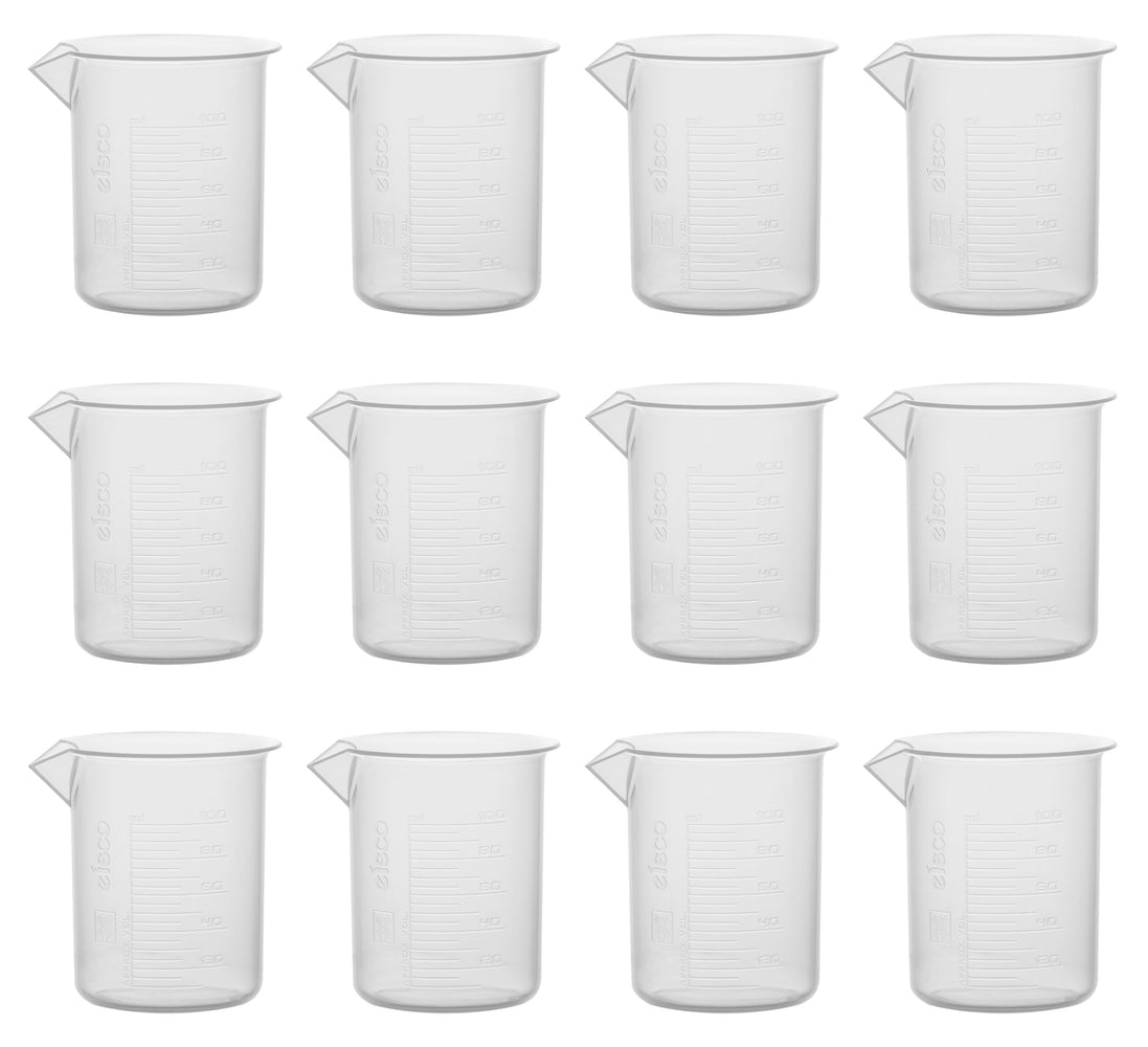 12PK Plastic Beakers, 100ml - Polypropylene - Raised Graduations