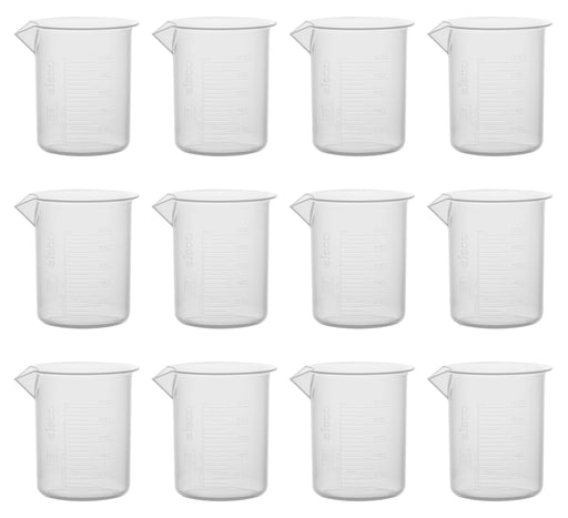 12PK Plastic Beakers, 100ml - Polypropylene - Raised Graduations