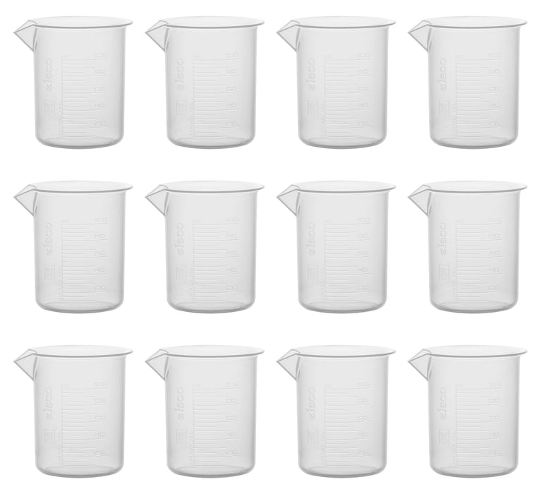 12PK Plastic Beakers, 100ml - Polypropylene - Raised Graduations