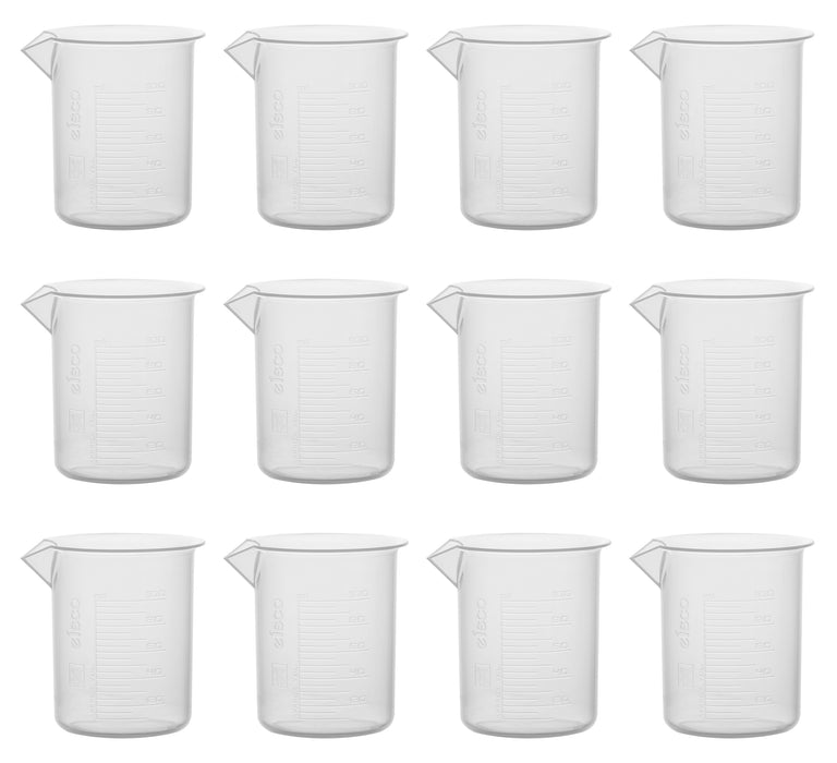 12PK Plastic Beakers, 100ml - Polypropylene - Raised Graduations