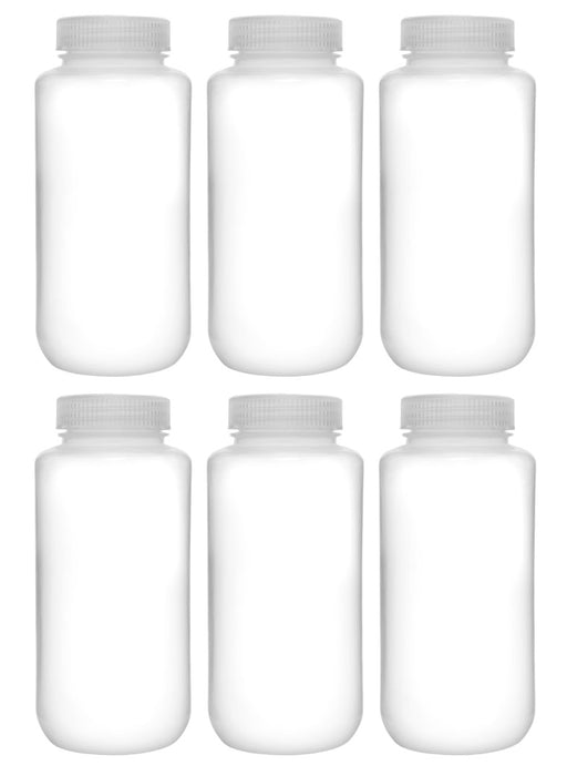 6PK Reagent Bottles, 1000ml - Wide Mouth, Screw Cap - Polypropylene