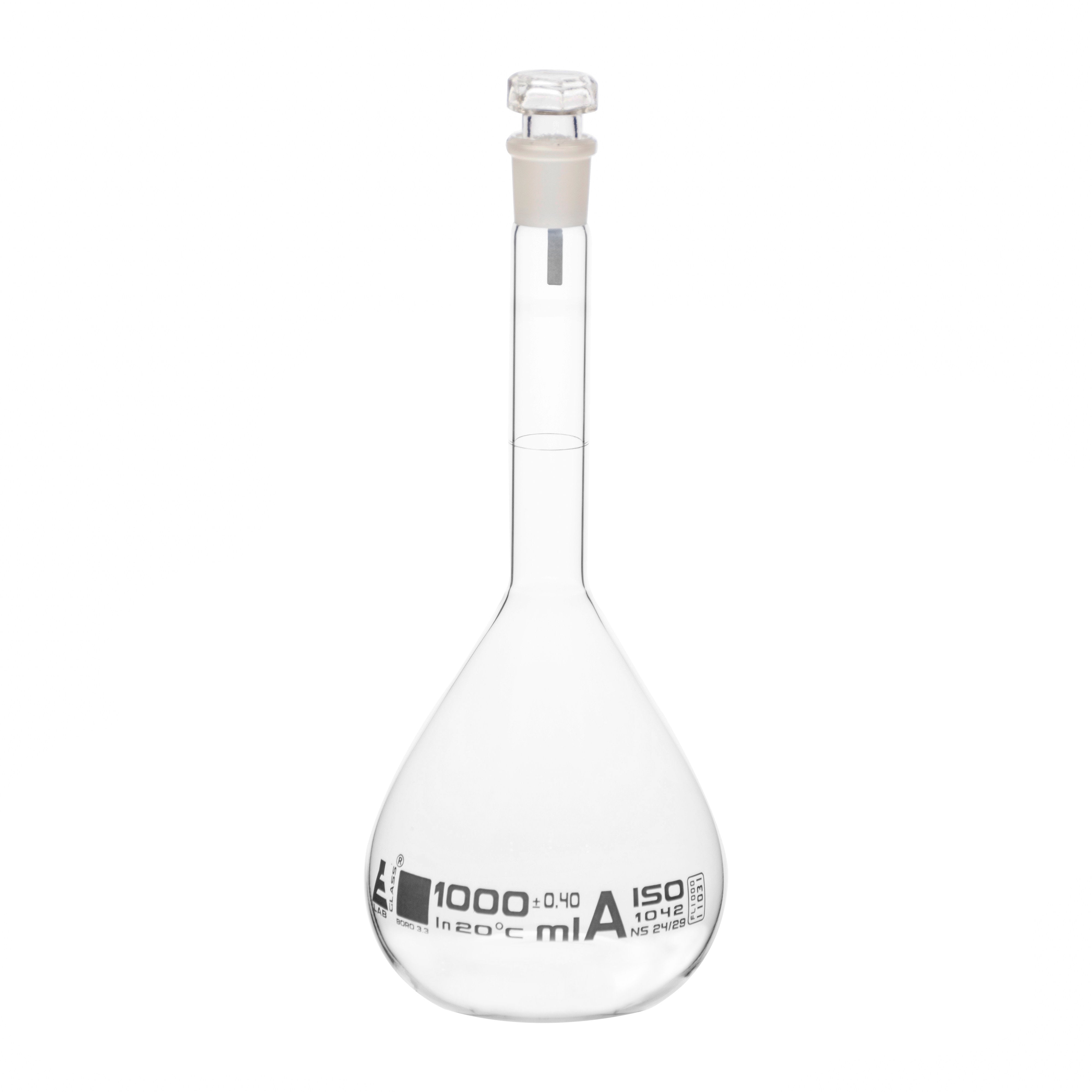 Volumetric Flask 1000ml Class A Hexagonal Hollow Glass Stopper — Eisco Labs 0435