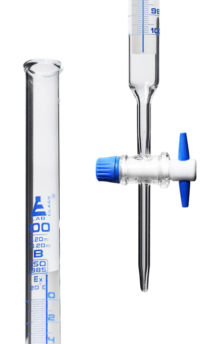 Burette, 100mL - Schellbach Design - Class B - 0.2mL Blue Graduations - PTFE Stopcock - Borosilicate Glass