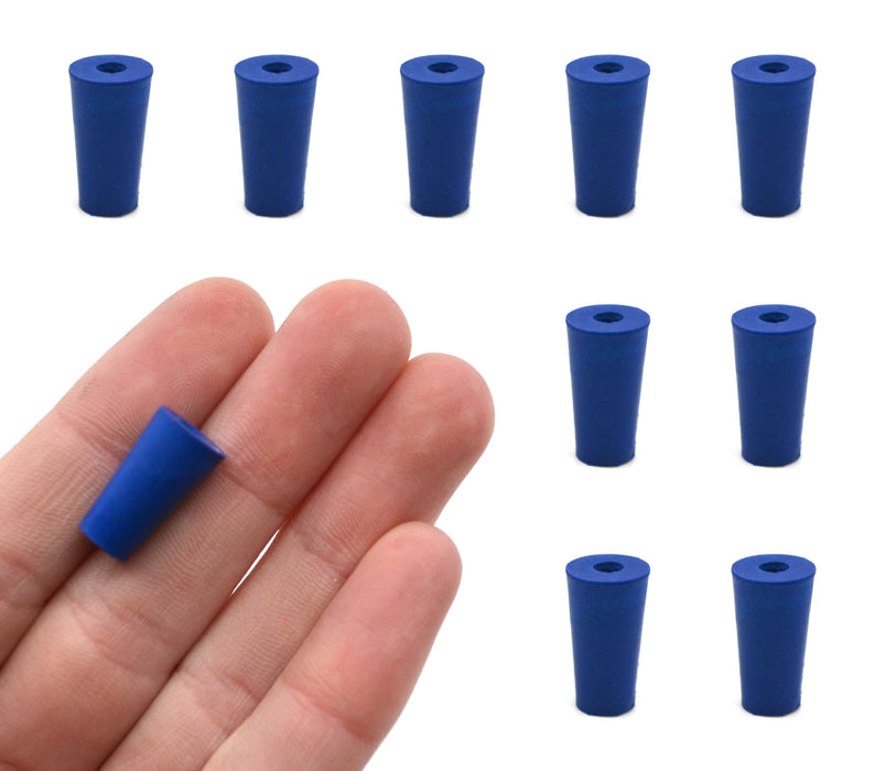 Neoprene Stoppers, 1 Hole - Blue - Size: 6mm Bottom, 8mm Top, 16mm Length - Pack of 10