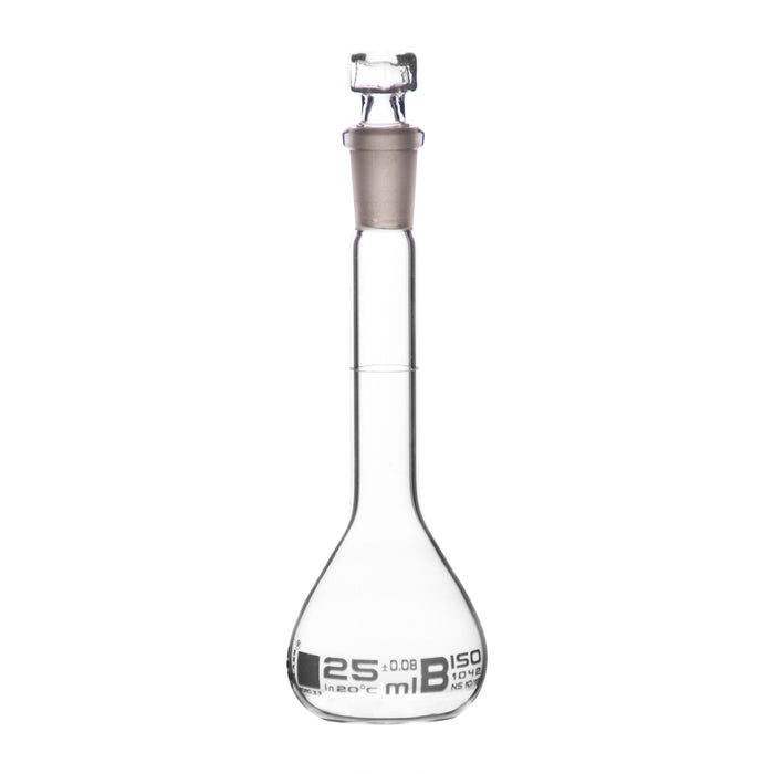 Volumetric Flask, 25ml - Class B - Hexagonal, Hollow Glass Stopper - Single, White Graduation - Eisco Labs