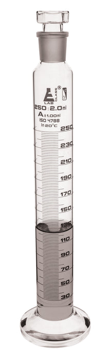 Measuring Cylinder, 250ml - Class A - 24/29 Polypropylene Stopper - Round Base, White Graduations - Borosilicate Glass - Eisco Labs