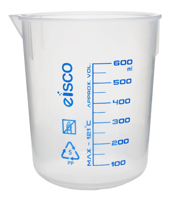 Premium 600mL Beaker - Polypropylene Plastic, Blue Screen Printed, 50mL Graduations