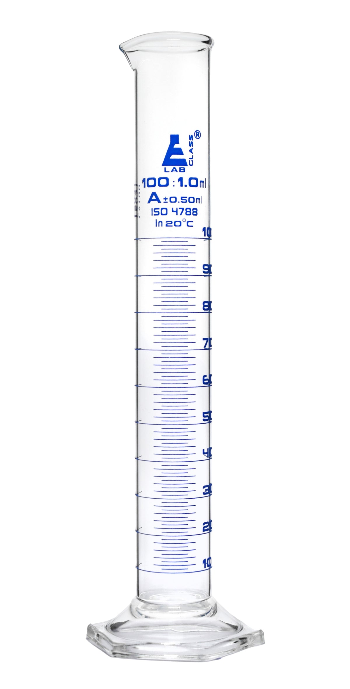 Graduated Cylinder, 100ml - Class A - Blue Graduations, Hexagonal Base ...