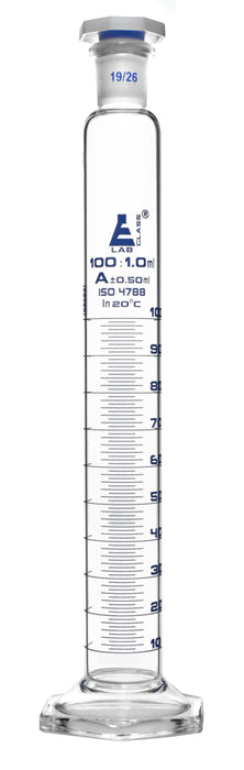 Measuring Cylinder, 100ml - Class Tolerance ±0.50ml - 19/26 Polypropylene Stopper - Hexagonal Base, Blue Graduations - Borosilicate Glass - Eisco Labs