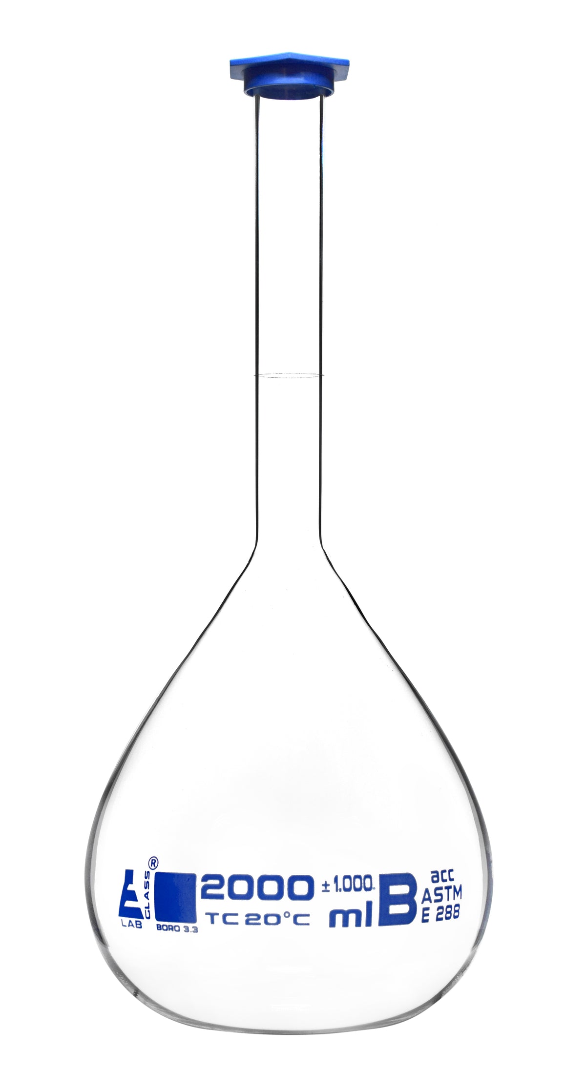 Volumetric Flask 2000ml Astm Class B Tolerance ±01000 Ml Blue S — Eisco Labs 7244