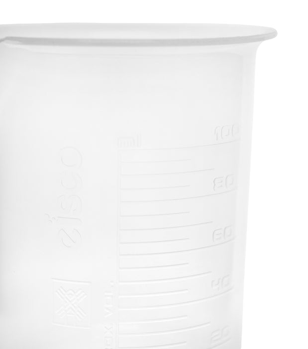 12PK Plastic Beakers, 100ml - Polypropylene - Raised Graduations