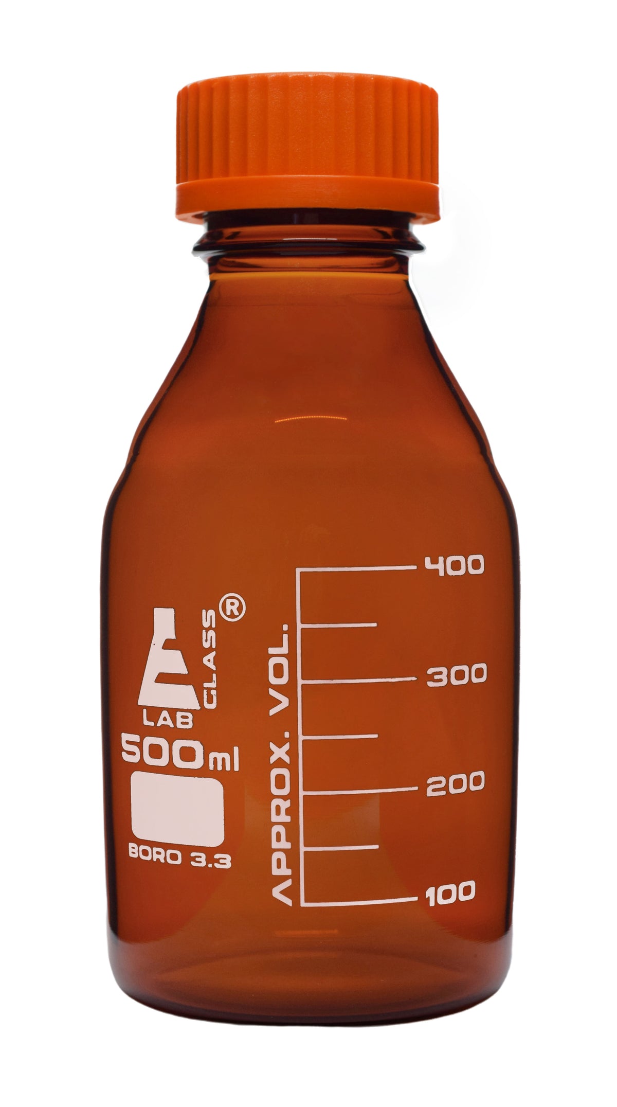 Reagent Bottle, 500ml - Amber Colored Glass - Orange Screw Cap 
