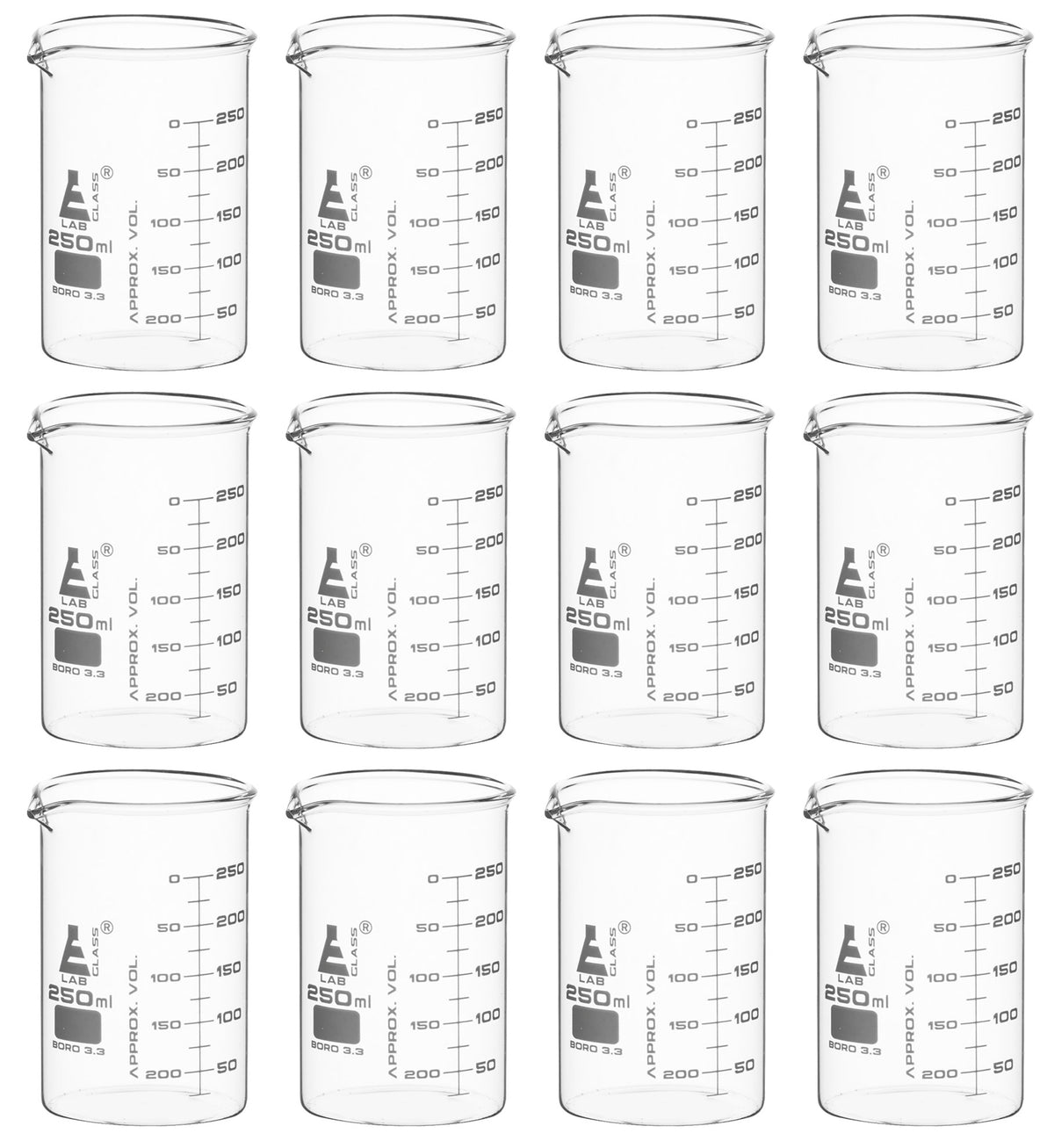 12pk Beakers 250ml Astm Low Form Dual Scale Graduations Borosi — Eisco Labs 0063